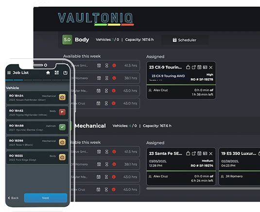 Vaultoniq production board on desktop and the technician app on a phone